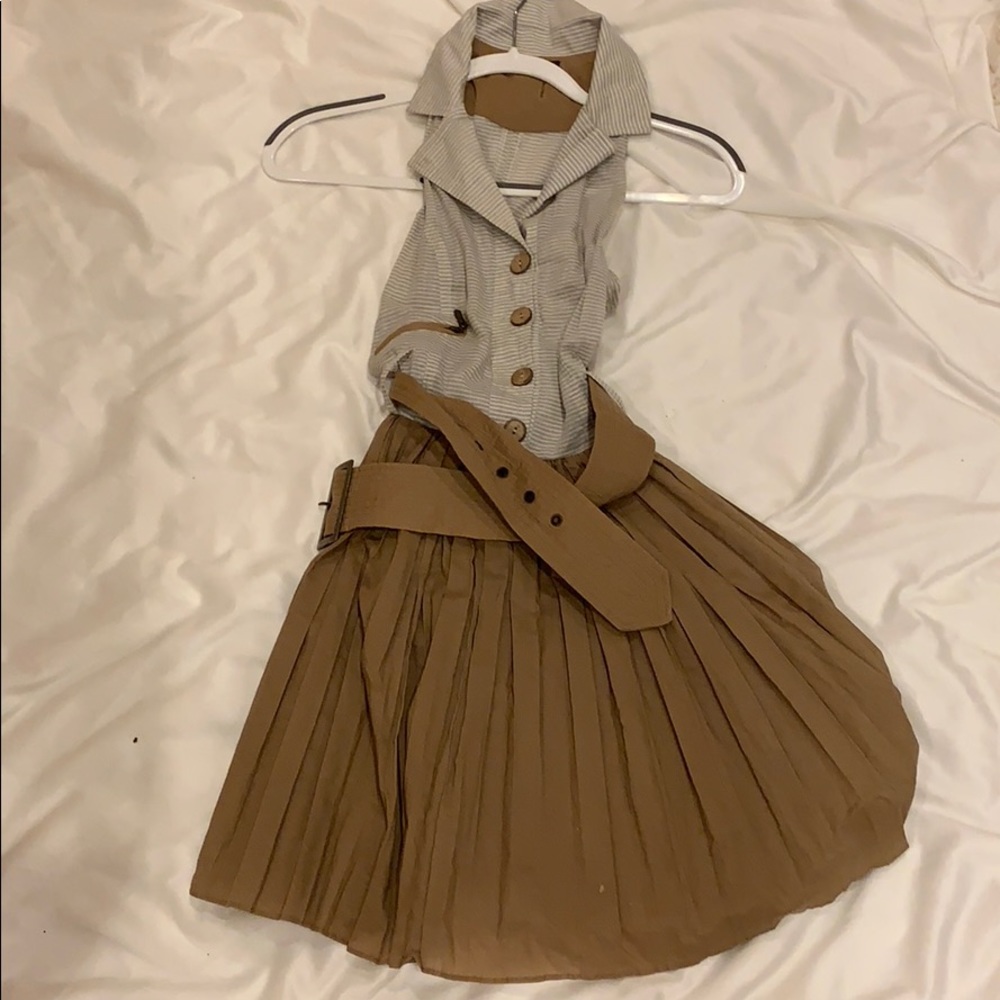 Blue pinstripe dress with tan skirt